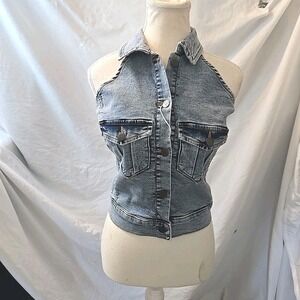 Love Trends Collared Backless Denim Vest Size L Y2K 90s Vibes Festival NWT